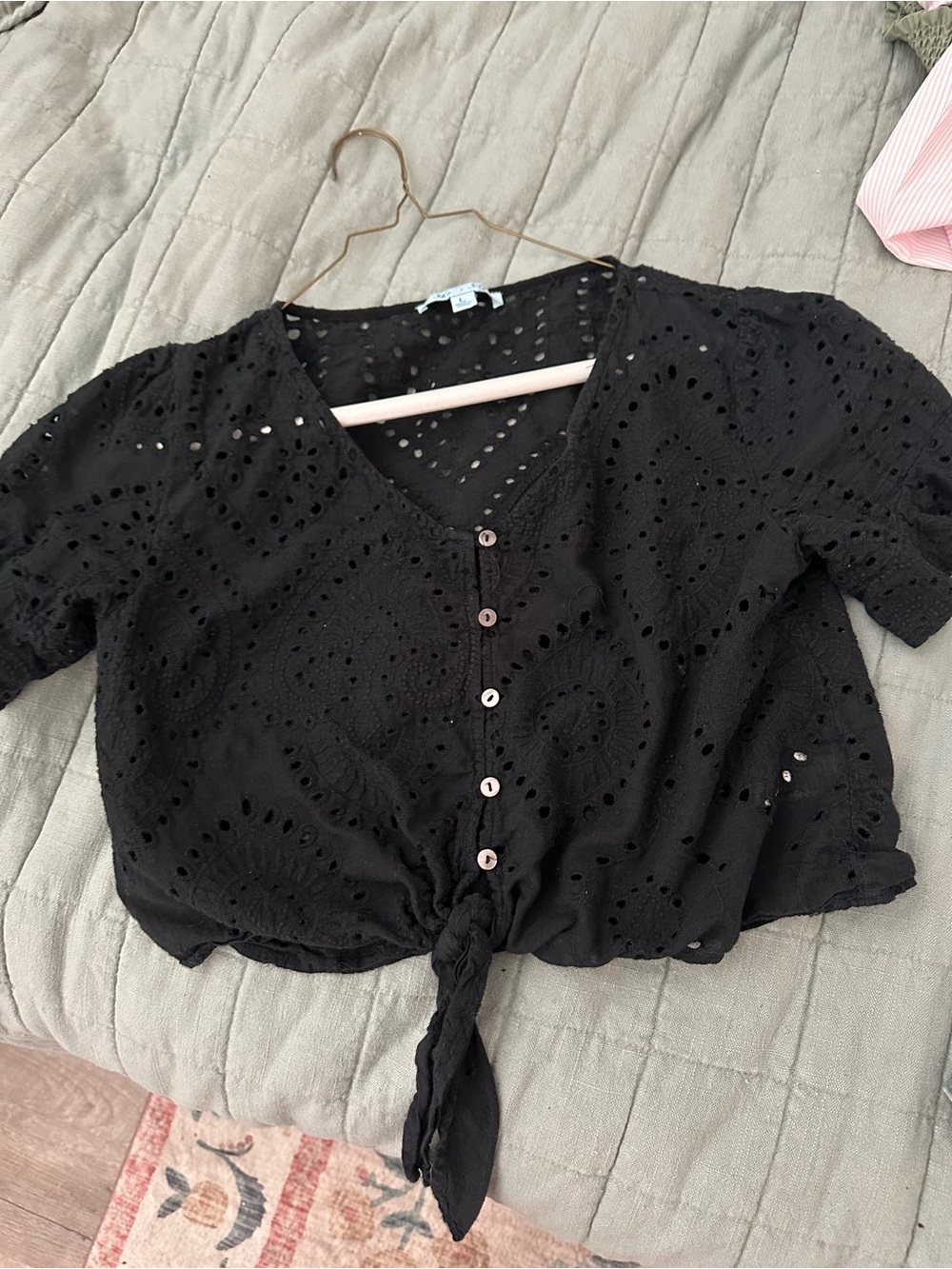 She + Sky Black Eyelet Tie-Front Blouse